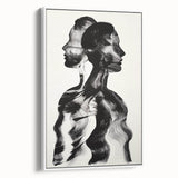 Abstract figurative framed canvas art showcasing a modern design with bold colors and dynamic shapes, complemented by a sleek white frame, ideal for contemporary decor.
