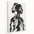 Abstract figurative stretched canvas artwork showcasing bold colors and dynamic shapes, displayed in a side view, perfect for modern home decor.