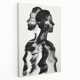 Abstract figurative stretched canvas artwork showcasing bold colors and dynamic shapes, displayed in a side view, perfect for modern home decor.