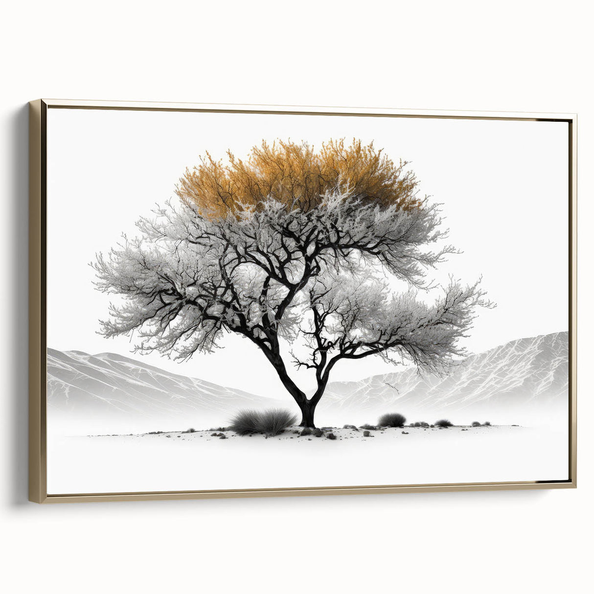 Framed abstract floral wall art featuring vibrant gold and colorful accents, displayed in a stylish setting, perfect for modern home decor aesthetics.
