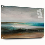 Abstract landscape wall art displayed in a sleek acrylic glass frame, showcasing a vibrant color palette with intricate patterns, perfect for modern decor.