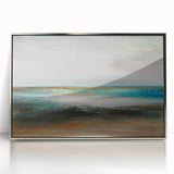 Framed abstract landscape wall art featuring vibrant colors and a sleek silver acrylic finish, perfect for modern home decor and artistic interiors.
