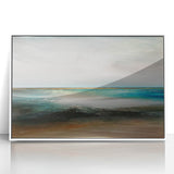 Framed acrylic wall art featuring an abstract landscape design in soft earth tones, set against a white background, perfect for modern home decor.