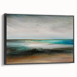 Framed abstract landscape wall art in black, showcasing vibrant hues and textured details, ideal for modern home decor. Side view highlights its elegant finish.