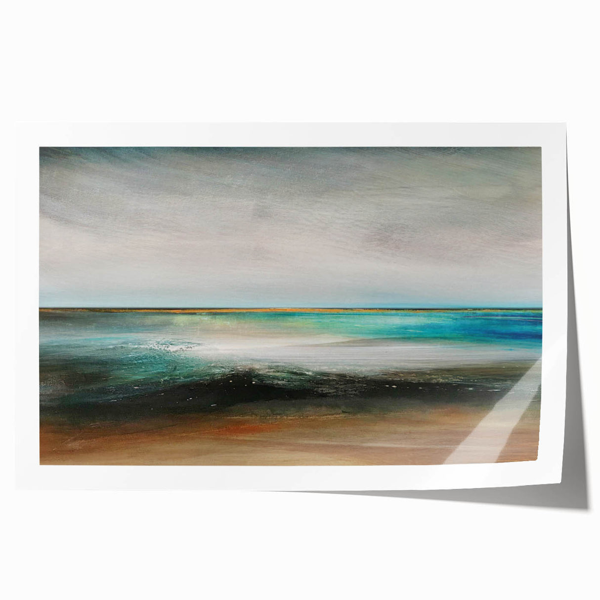 Abstract landscape wall art print showcasing vibrant colors and fluid shapes, rolled and ready for display. Perfect for modern home decor or artistic spaces.