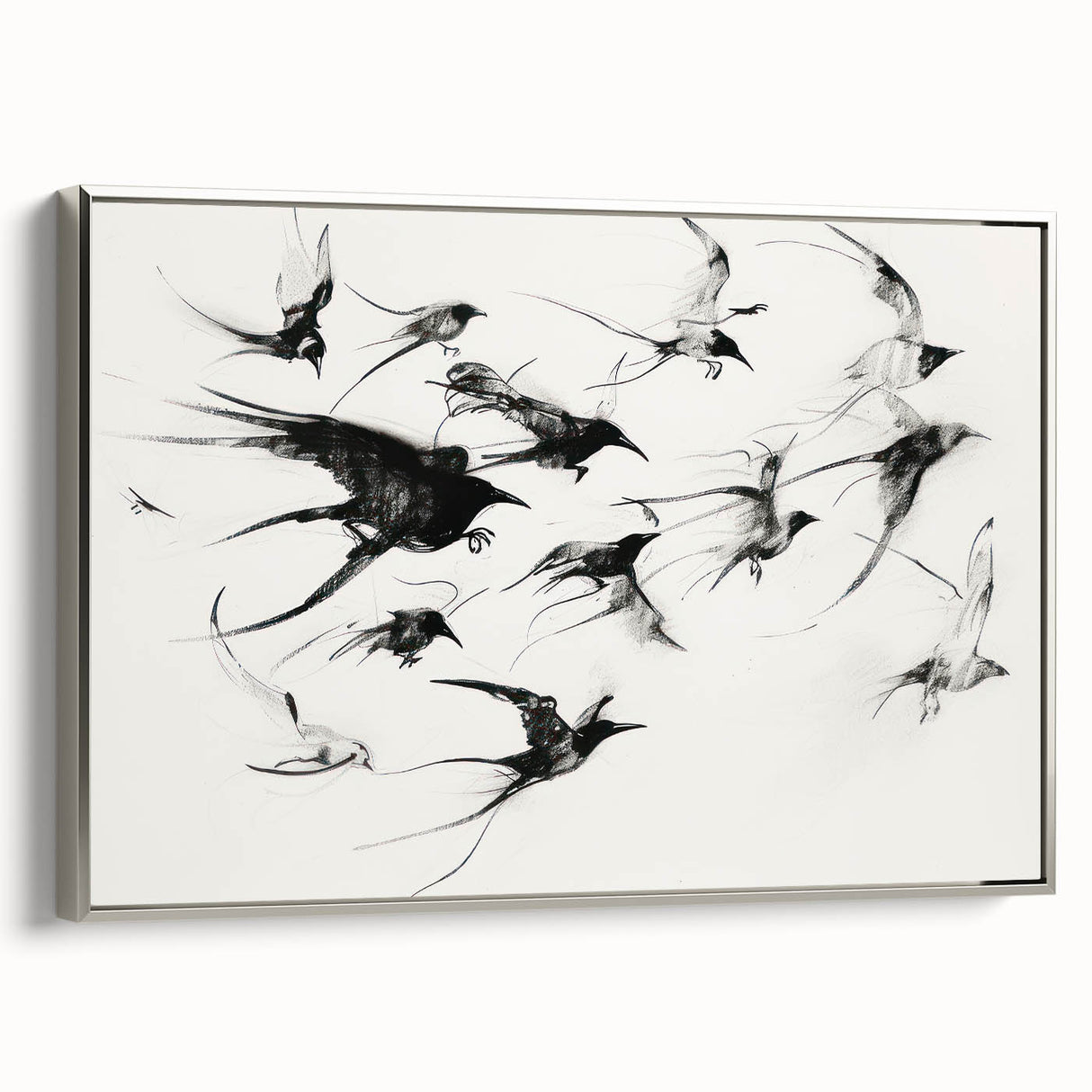 Framed canvas artwork showcasing an elegant design of animals in silver tones, viewed from the side. Ideal for enhancing modern home decor with a touch of nature.