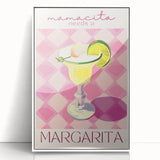 Large art print of food and drinks in mid-century modernist style, framed in white acrylic.