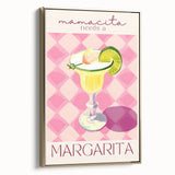 Vintage poster art of colorful food and drinks on black canvas, framed in gold, ideal for living room decor.