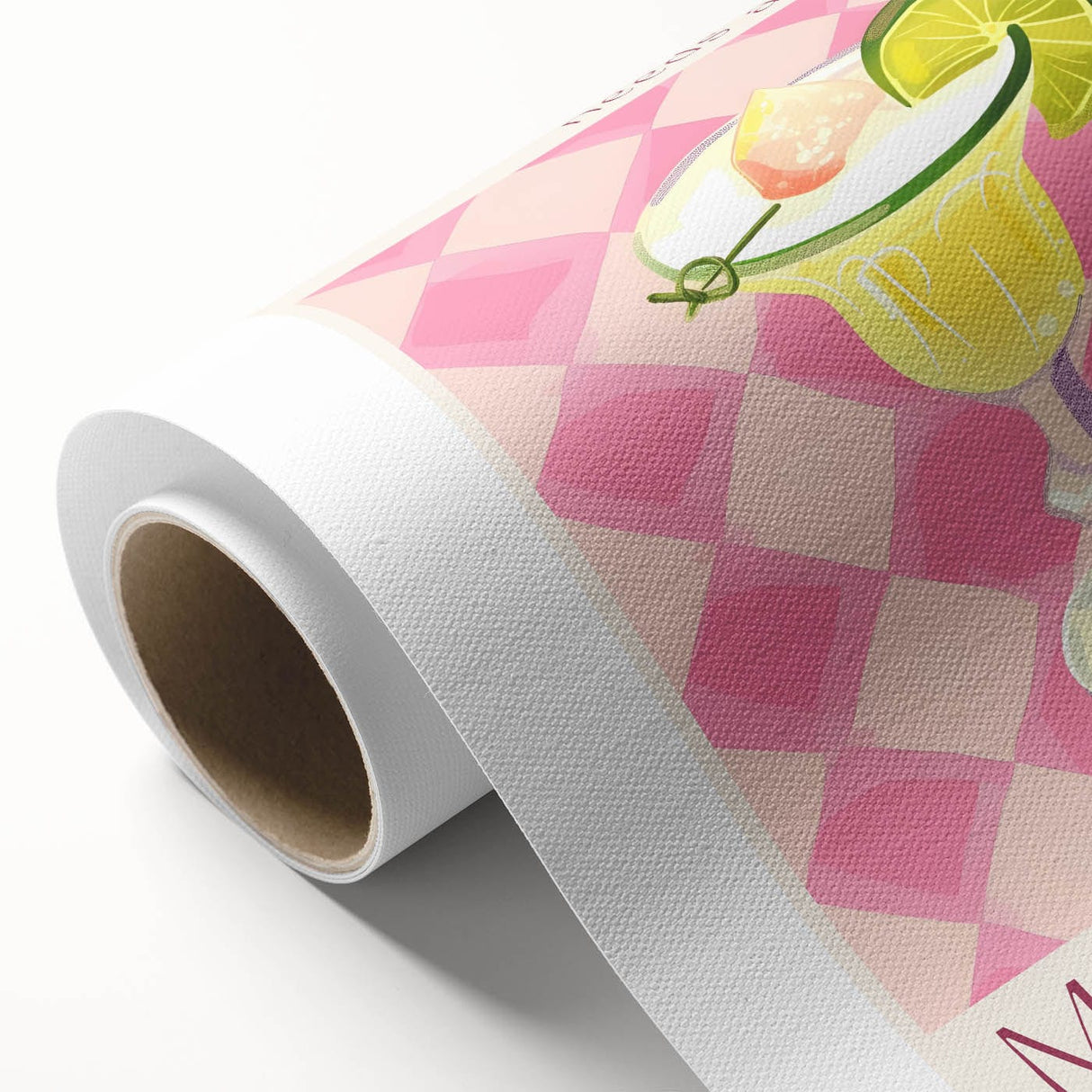 Art deco poster featuring stylized food and drink illustrations on a rolled canvas, using pastel shades.