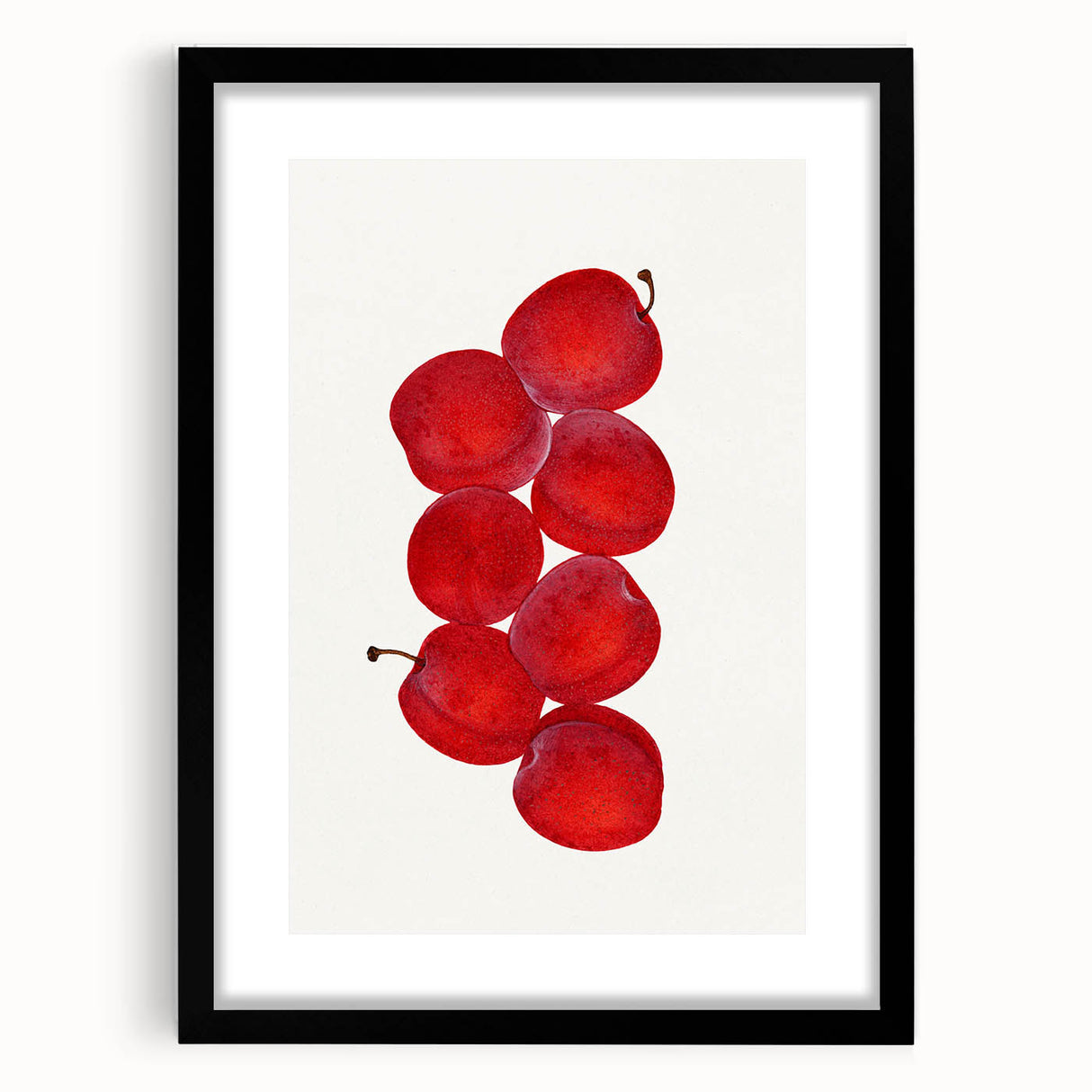 Extra large abstract art print featuring vibrant, colorful fruit designs on textured canvas, framed in black.