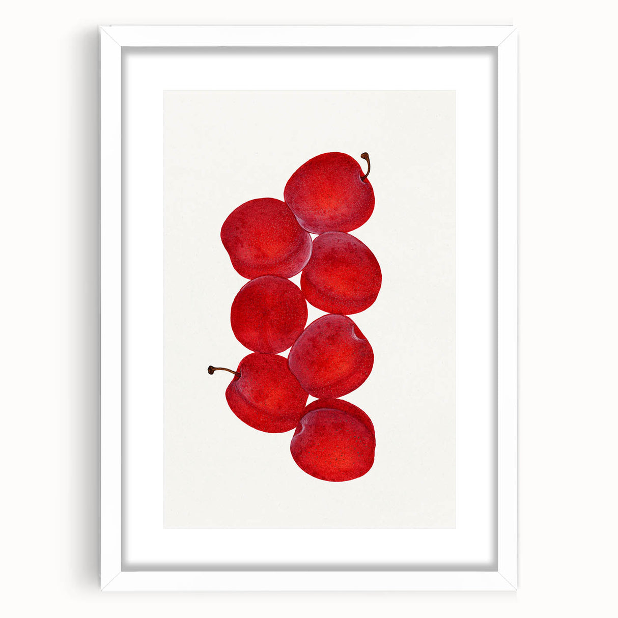 Abstract art print featuring assorted fruits in vibrant colors on a white framed poster, suitable for dining room decor.