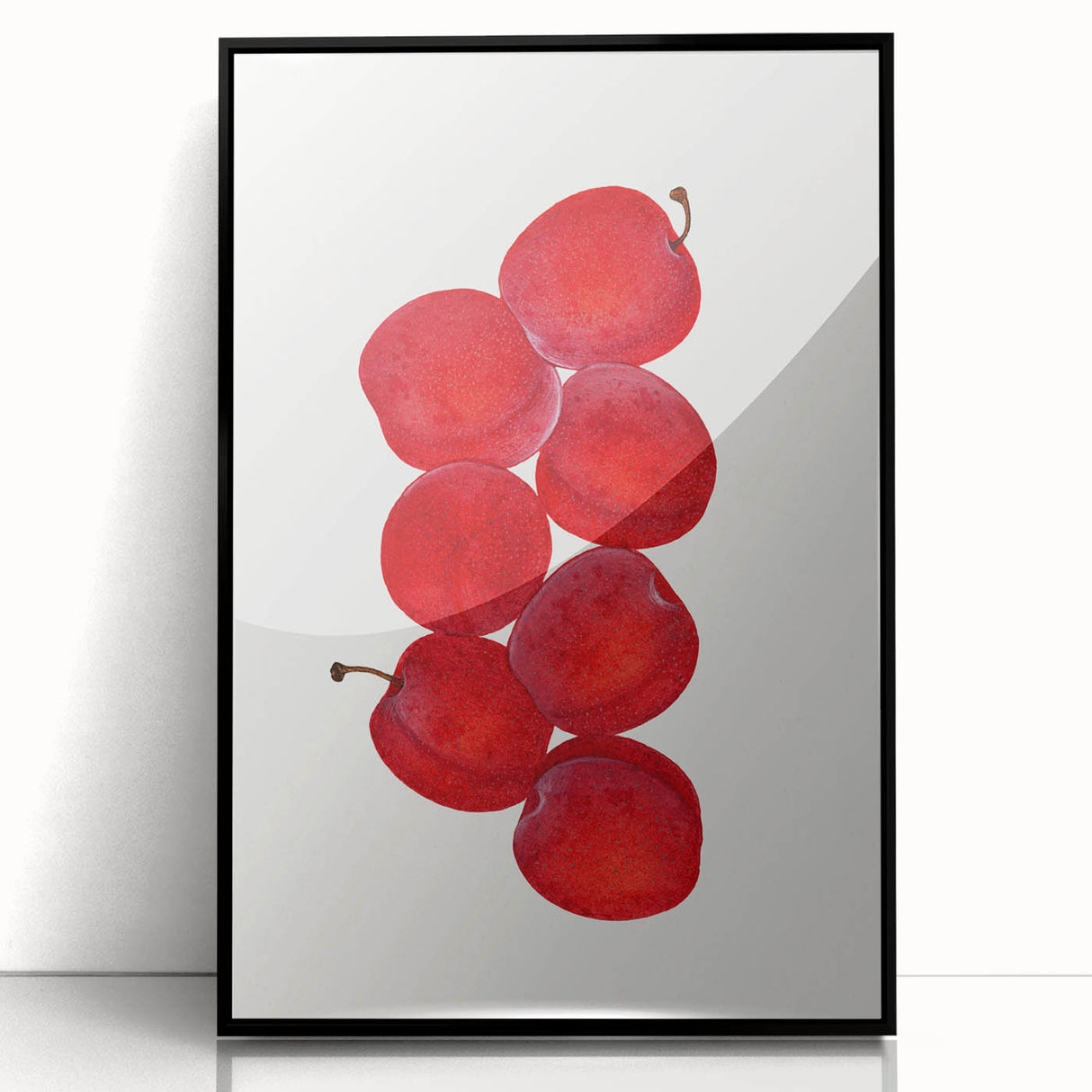 Large abstract wall art featuring assorted fruits in vivid colors, framed in black acrylic.