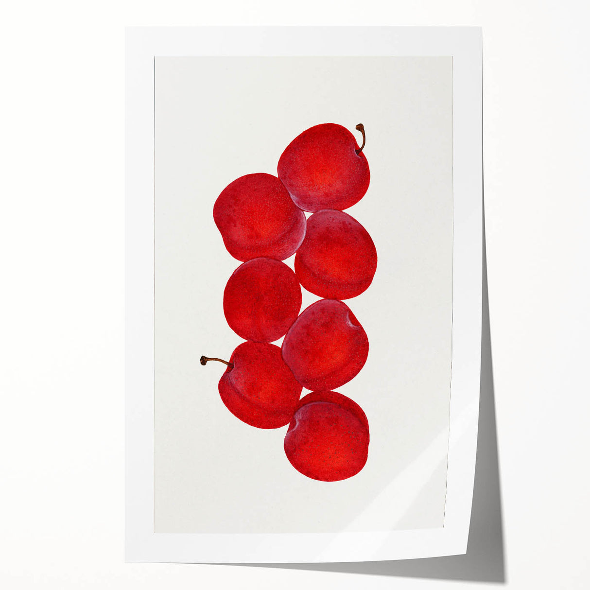 Rolled print featuring an array of fruits in vibrant colors on a white background, suitable for dining room decor.