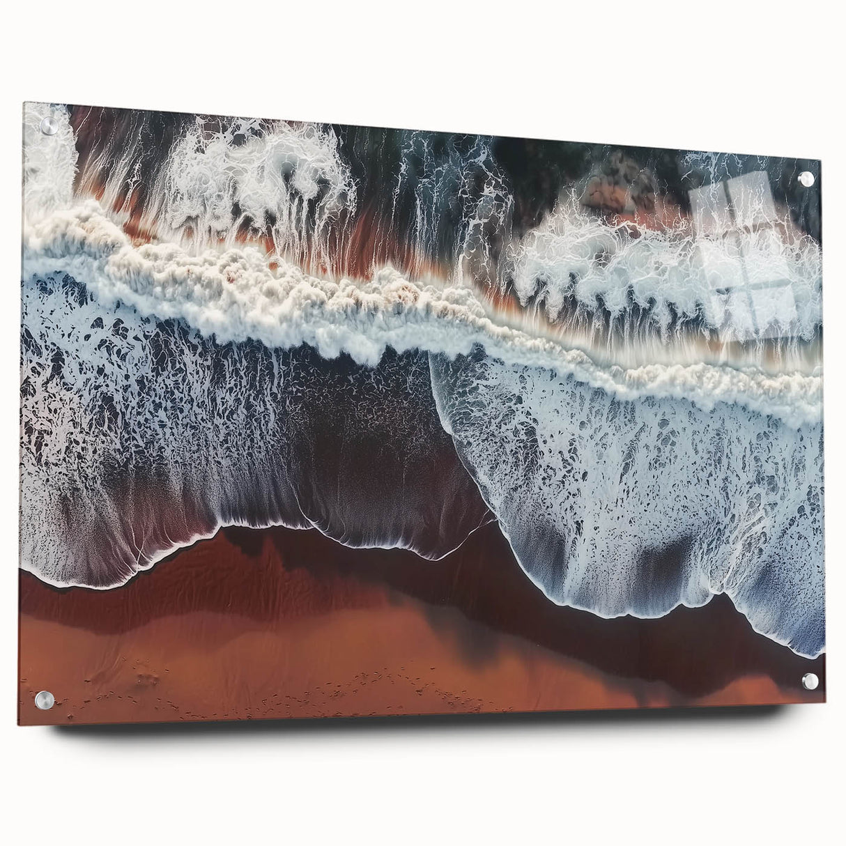 Acrylic landscape artwork depicting serene beaches, viewed from the side with visible pins for mounting, showcasing vibrant colors and intricate details. Perfect for coastal decor enthusiasts.