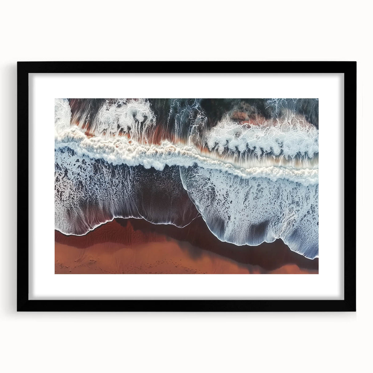 Landscape artwork depicting serene beach scene with vibrant colors, framed in a sleek black mat, showcasing a tranquil coastal view, perfect for home decor.