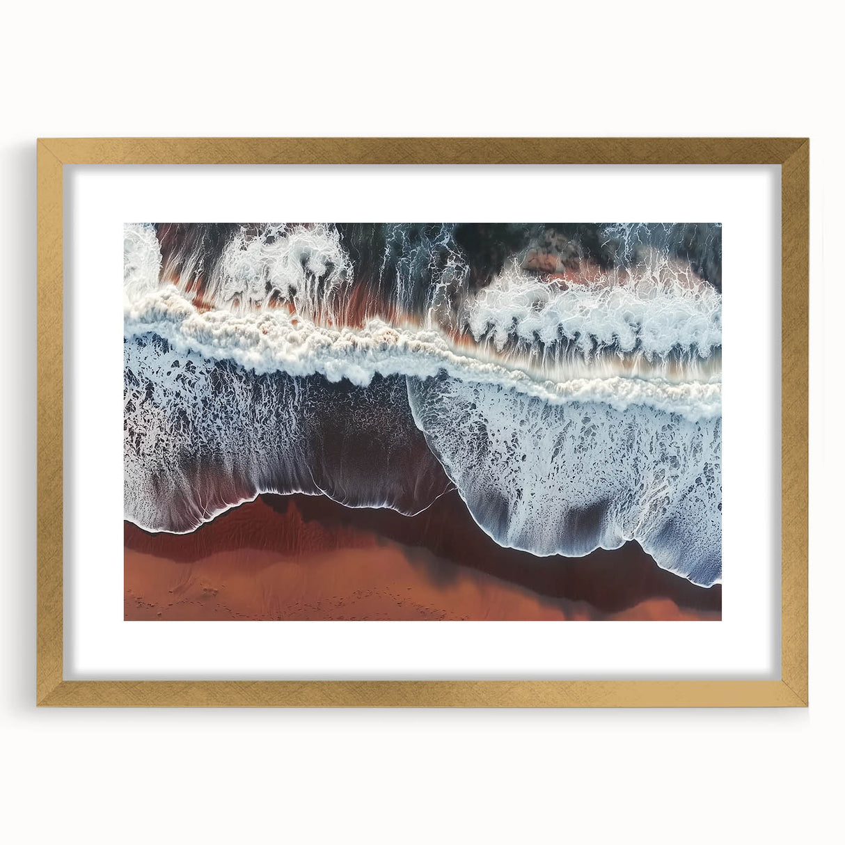 Elegant landscape artwork of a serene beach scene framed in a gold mat, highlighting soft waves and sandy shores, perfect for home decor and relaxation.