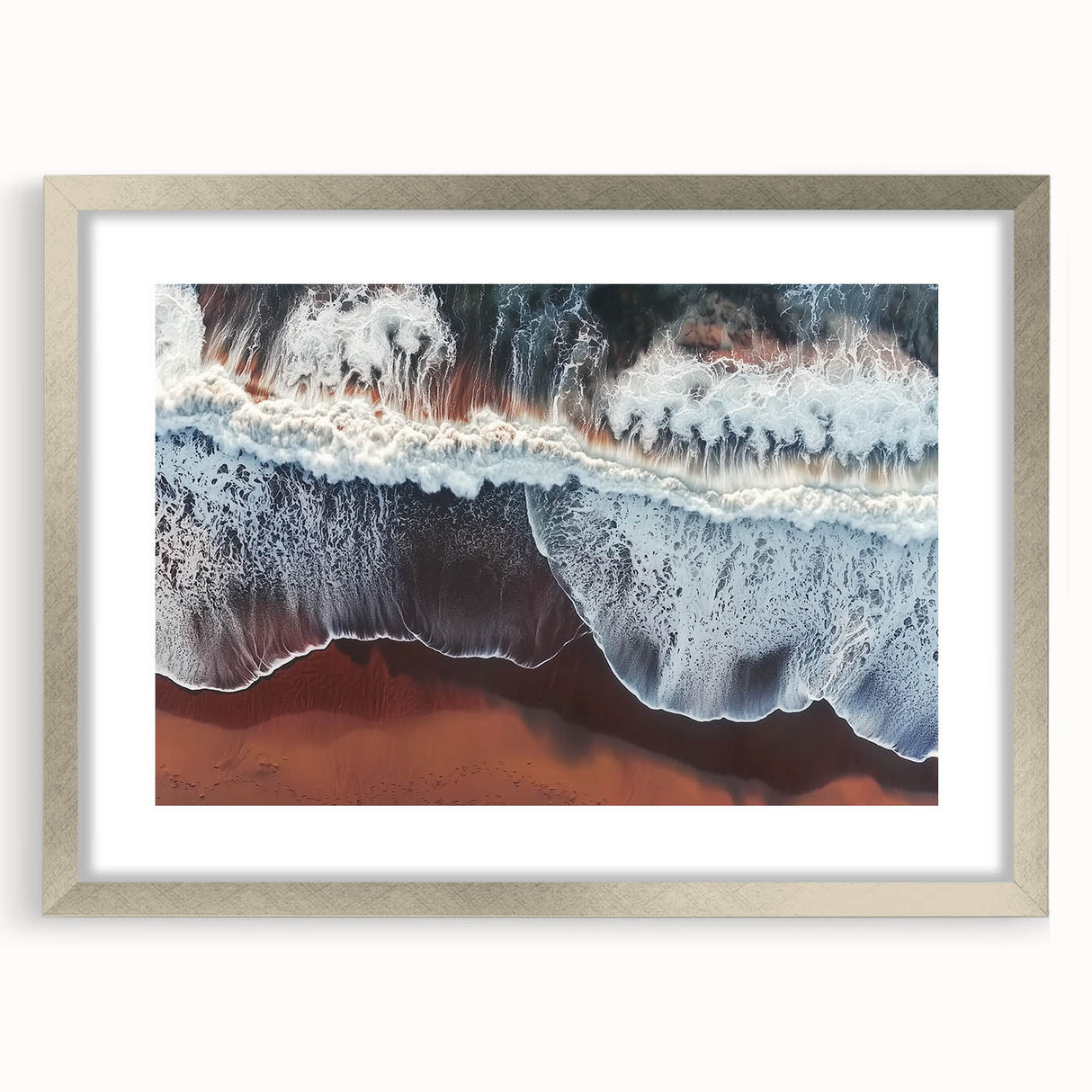 Landscape beach artwork framed in a sleek silver frame with a white matting, showcasing serene ocean waves and sandy shores, perfect for coastal decor enthusiasts.