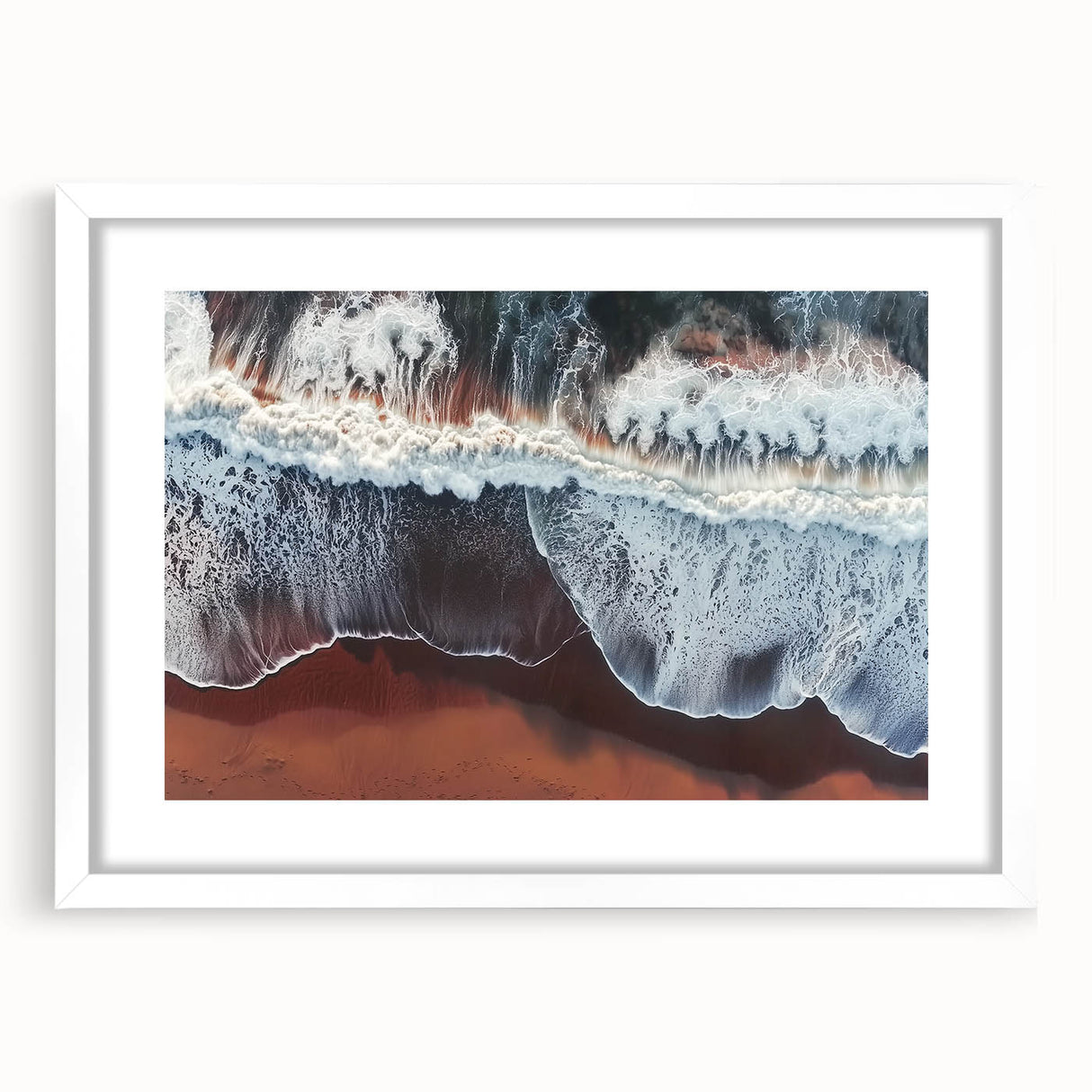 Landscape artwork featuring a serene beach scene framed in white with a mat, showcasing vibrant colors and calming waves, perfect for coastal decor enthusiasts.