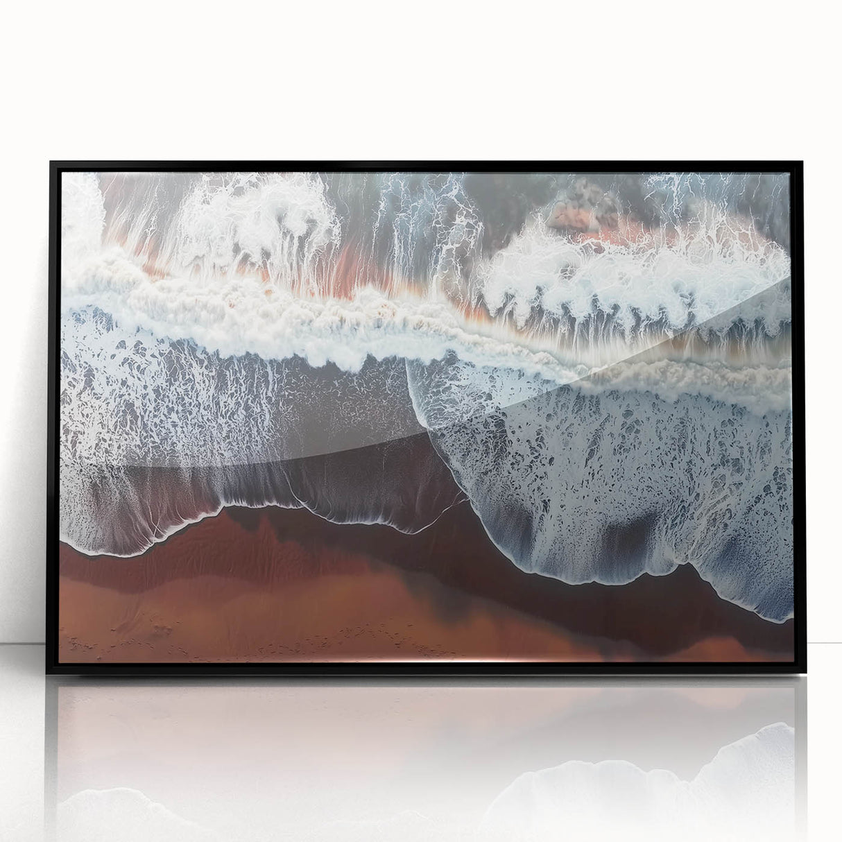 Framed acrylic artwork showcasing a serene beach landscape with vibrant blue skies and gentle waves, featuring a sleek black frame ideal for modern decor.