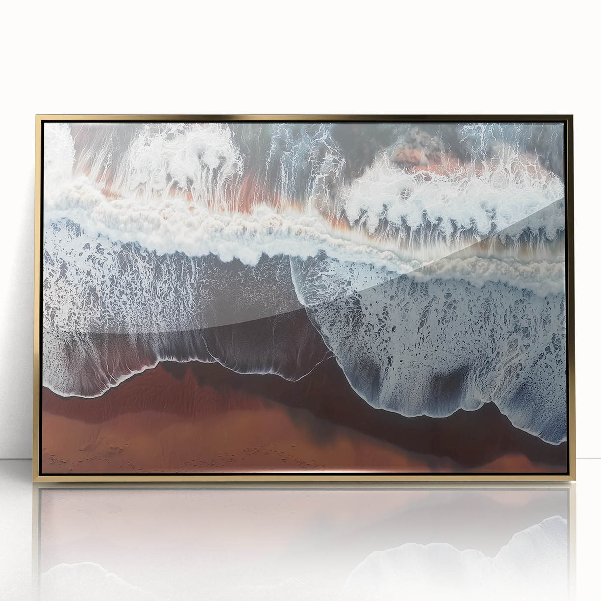 Framed acrylic artwork showcasing a vibrant beach landscape with golden hues, perfect for home decor. Ideal for coastal-themed interiors, enhancing atmosphere.