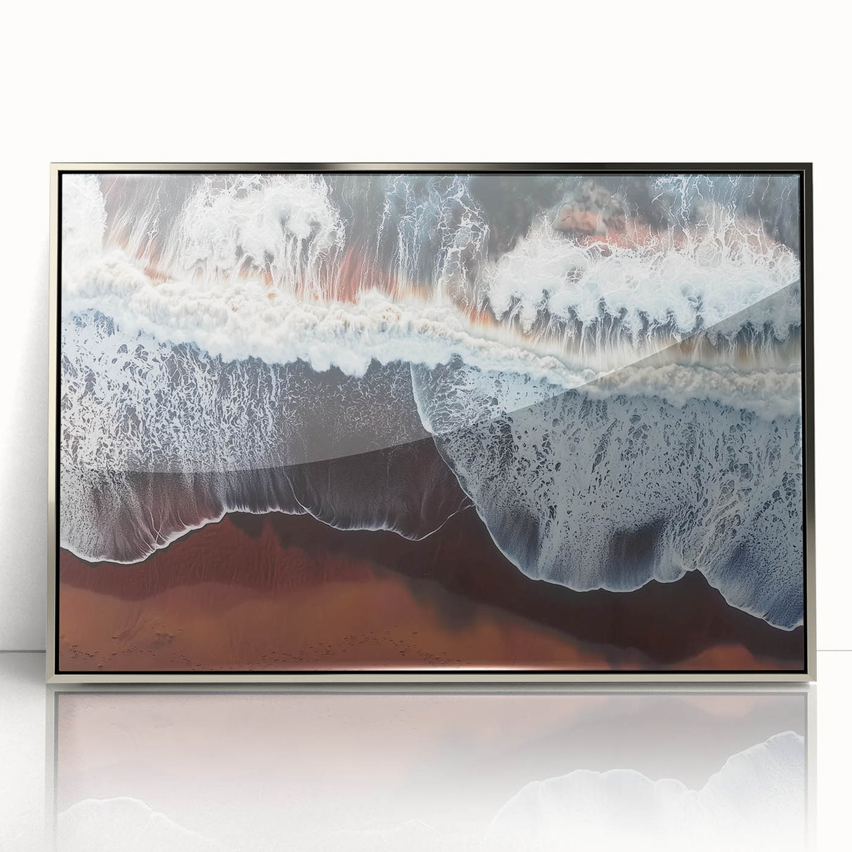 Framed acrylic artwork showcasing a serene beach landscape with vibrant colors and intricate details, perfect for enhancing coastal-themed decor in any room.