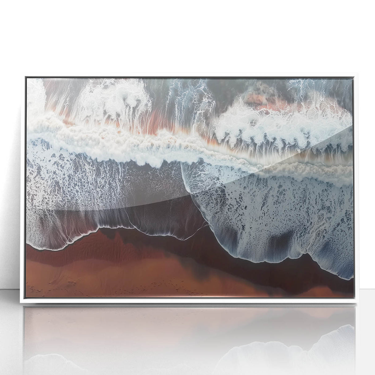 Framed acrylic artwork depicting a serene beach landscape with soft pastel colors, ideal for coastal home decor. This piece adds a calming ambiance to any room.