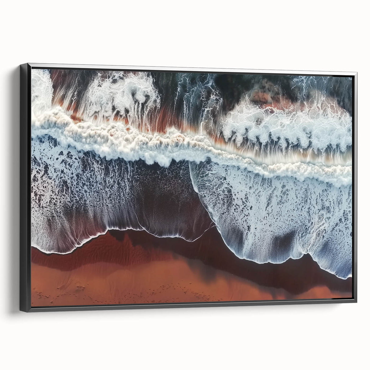 Framed canvas artwork showcasing a serene beach landscape with vibrant colors and intricate details, featuring a sleek black frame for modern decor.