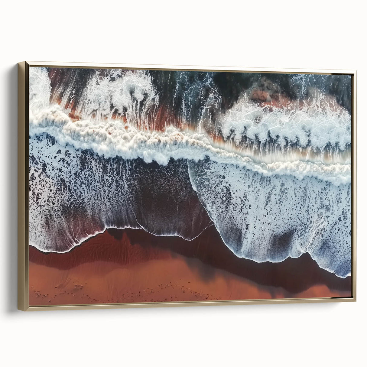 Framed landscape canvas artwork of serene beaches with golden accents, showcasing vibrant blue skies and gentle waves, perfect for coastal home decor.