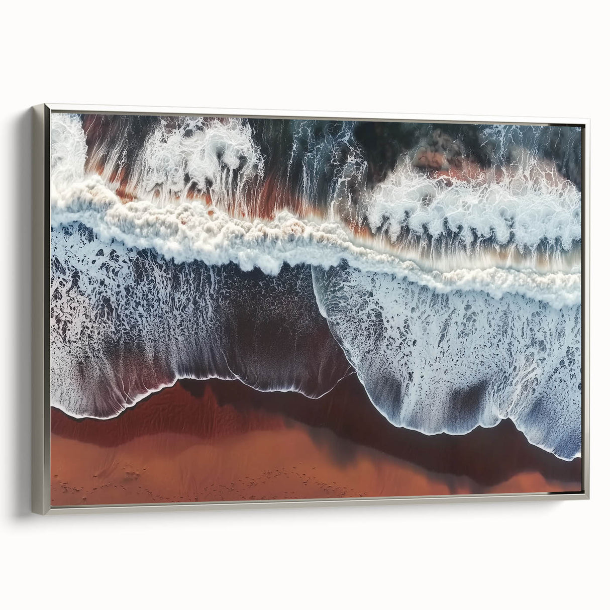 Framed canvas artwork depicting a serene beach landscape, featuring vibrant colors and a silver frame, showcasing a tranquil coastal scene perfect for home decor.
