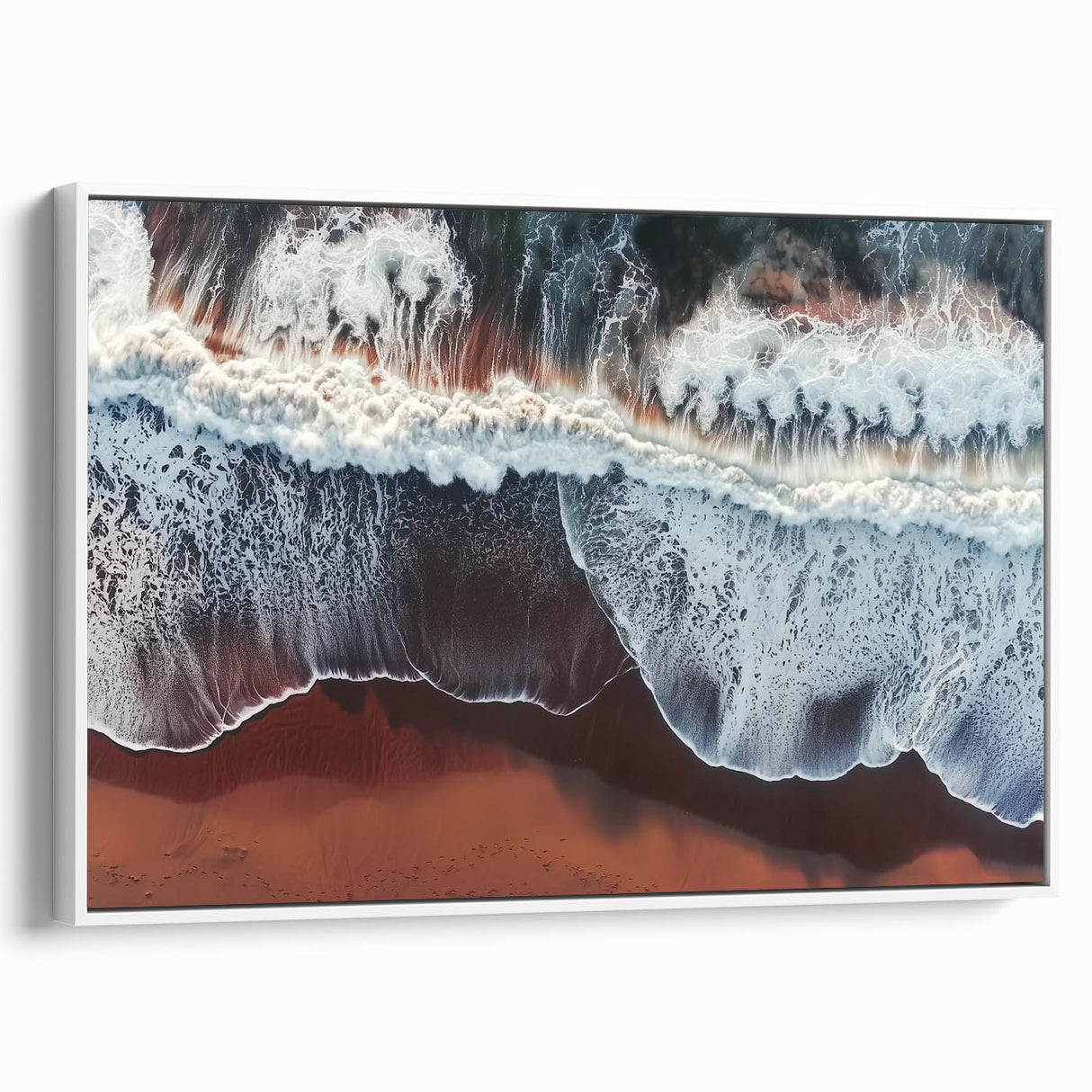 Framed canvas artwork depicting a serene beach landscape with vibrant blue skies and soft white sands, showcased from a white side view, perfect for coastal decor.