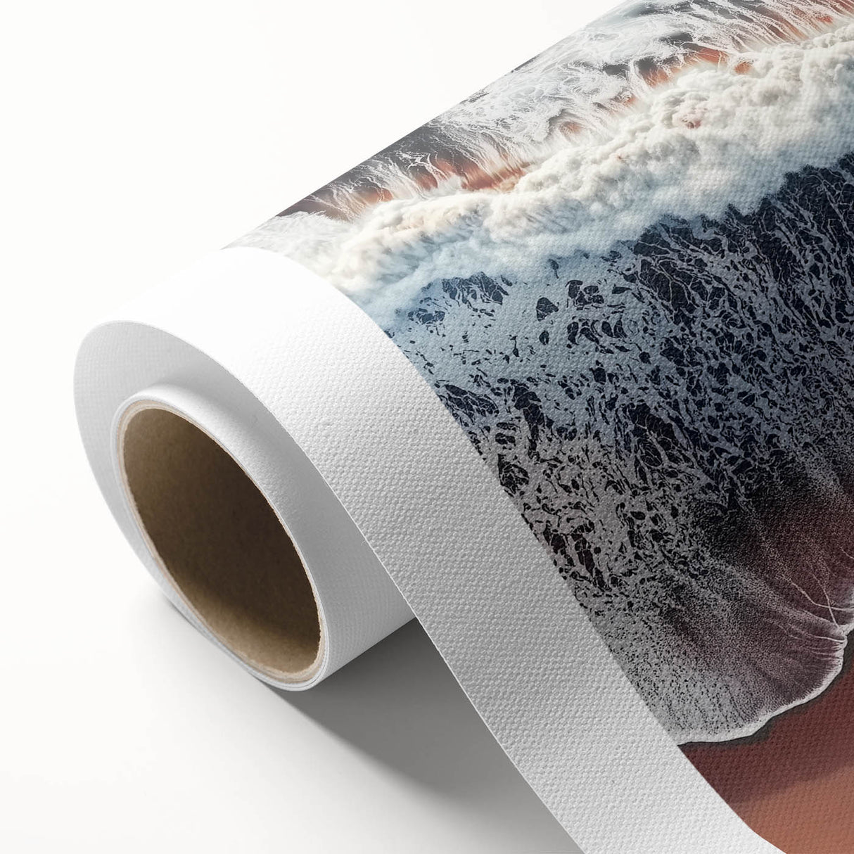 Vibrant rolled canvas artwork depicting a serene beach landscape with soft waves and golden sands, ideal for home decor, packaged securely in a protective tube.