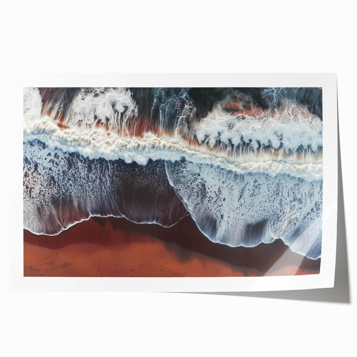 Vibrant rolled print of a serene beach landscape, showcasing soft waves and golden sands, packaged securely in a protective cardboard tube for safe delivery.