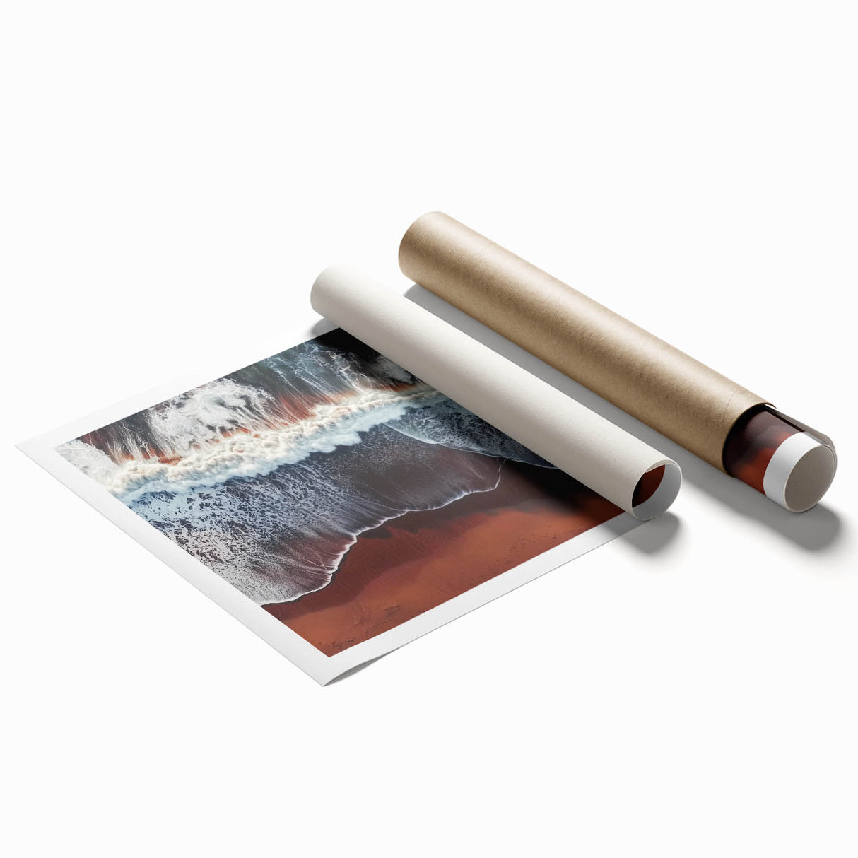 Stunning landscape beach art print showcasing vibrant turquoise waters and golden sands, elegantly rolled in a protective tube, perfect for home decor.