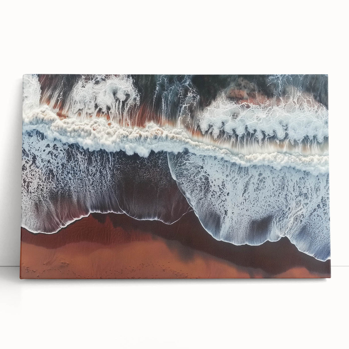 Stretched canvas artwork showcasing a serene beach landscape with vibrant blue skies and golden sands, creating a tranquil coastal ambiance for home decor. Ideal for beach lovers and interior design enthusiasts seeking a relaxing atmosphere.