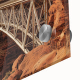 Close-up view of a landscape bridge design printed on high-quality acrylic glass, showcasing vibrant colors and intricate details, ideal for modern home decor.