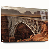 Acrylic glass side view of a landscape bridge design featuring elegant pins, showcasing intricate details and vibrant colors, ideal for modern home decor.