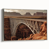 Framed canvas artwork depicting a serene landscape bridge scene in silver tones, showcasing intricate details and textures, ideal for modern home decor.