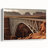 Framed canvas artwork depicting a serene landscape featuring a wooden bridge over a tranquil stream, enhanced with lush greenery and soft sunlight. Perfect for nature lovers seeking calming home decor.