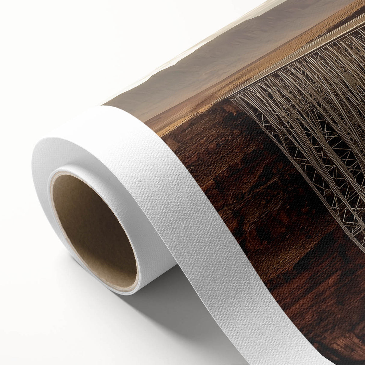 Rolled canvas artwork showcasing a vibrant landscape bridge design, featuring lush greenery and a serene river, elegantly packaged in a protective cardboard tube.