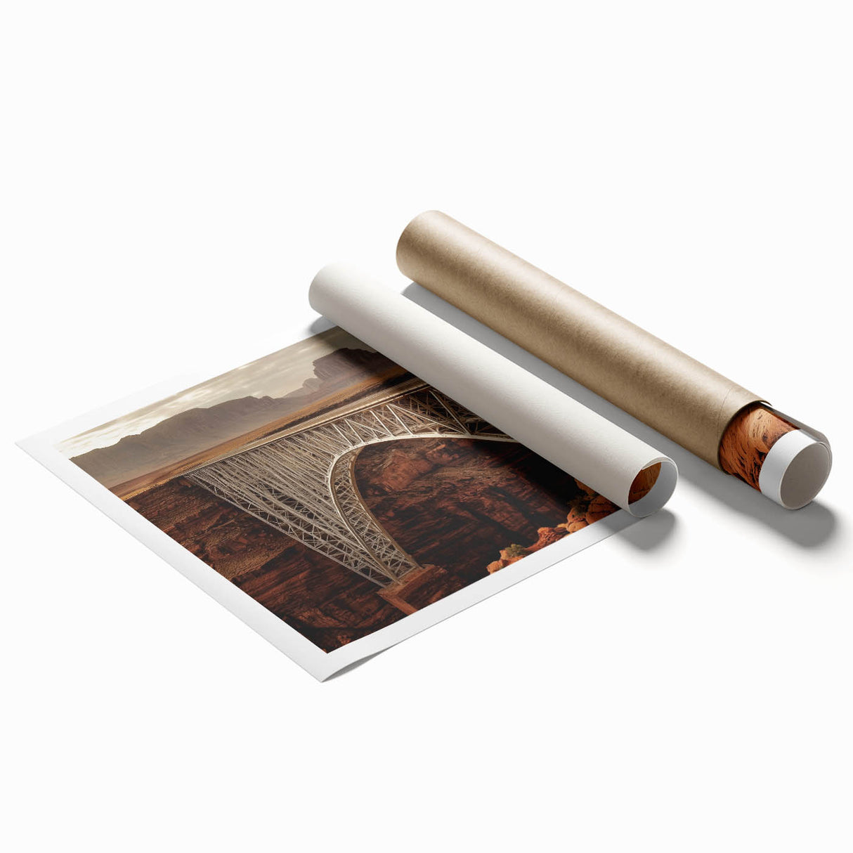 Landscape bridge artwork printed on high-quality canvas, showcasing vibrant colors and intricate details, rolled for easy storage and transport, ideal for home decor.