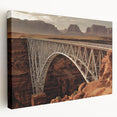 Stretched canvas artwork depicting a serene landscape bridge scene, showcasing vibrant colors and intricate details, perfect for home decor.