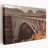 Stretched canvas artwork depicting a serene landscape bridge scene, showcasing vibrant colors and intricate details, perfect for home decor.