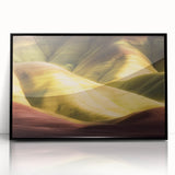 Framed acrylic artwork depicting a vibrant landscape of canyons, featuring rich earth tones and intricate textures, perfect for enhancing modern home decor.