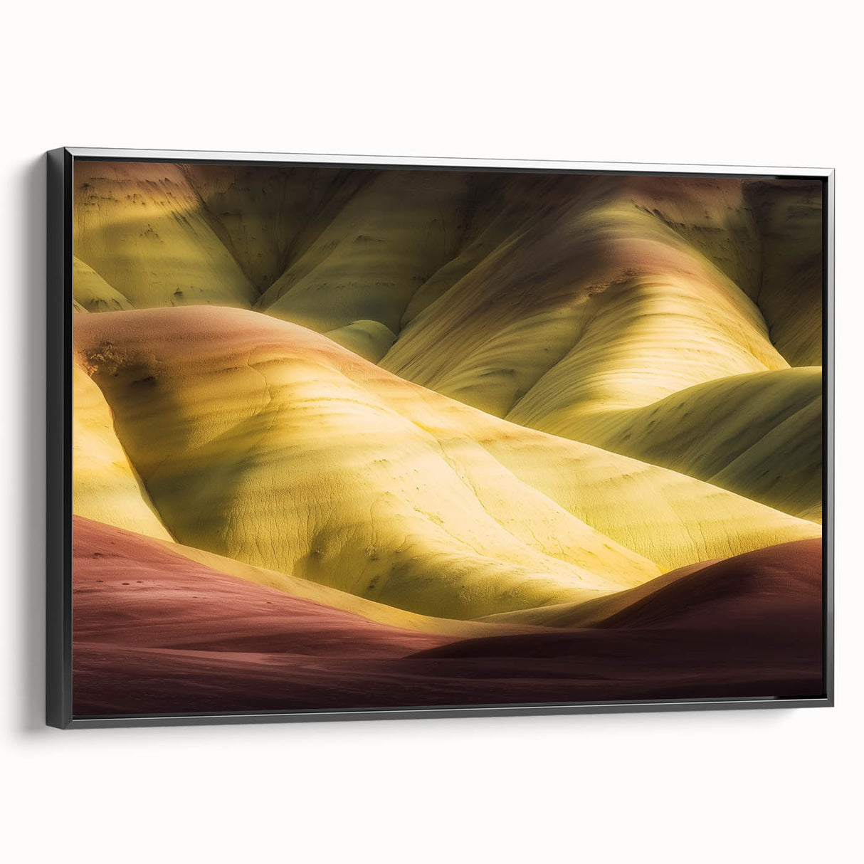 Framed canvas artwork depicting a stunning landscape of canyons in warm earth tones, showcasing intricate details and textures, ideal for home decor.