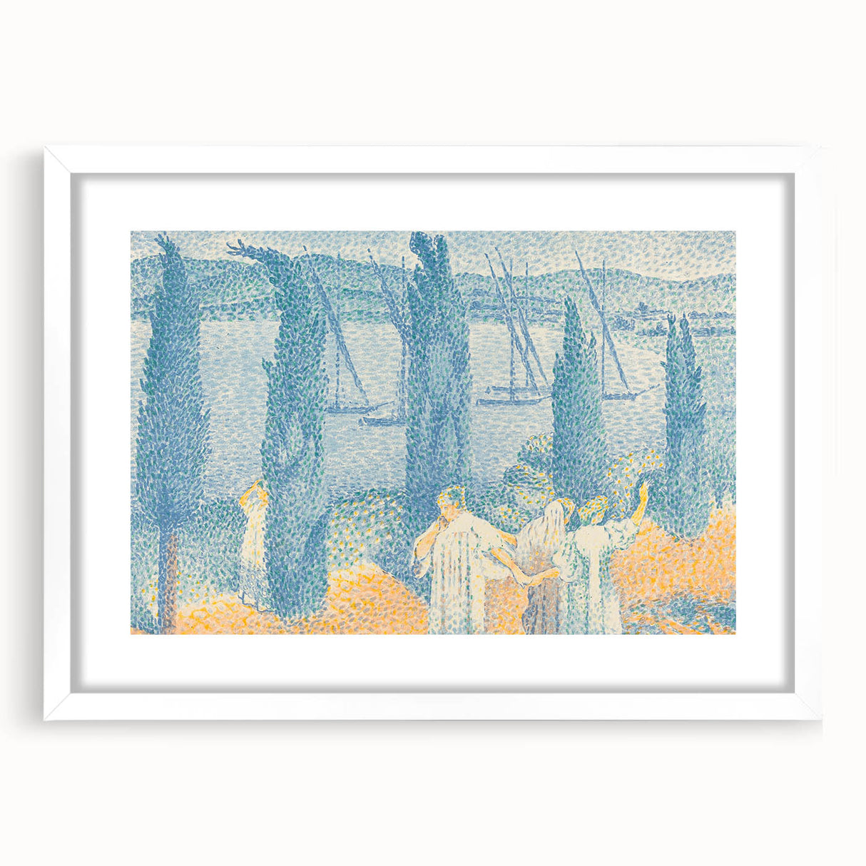 Serene Lakeside Promenade - Modern Wall Art with Pointillist Style