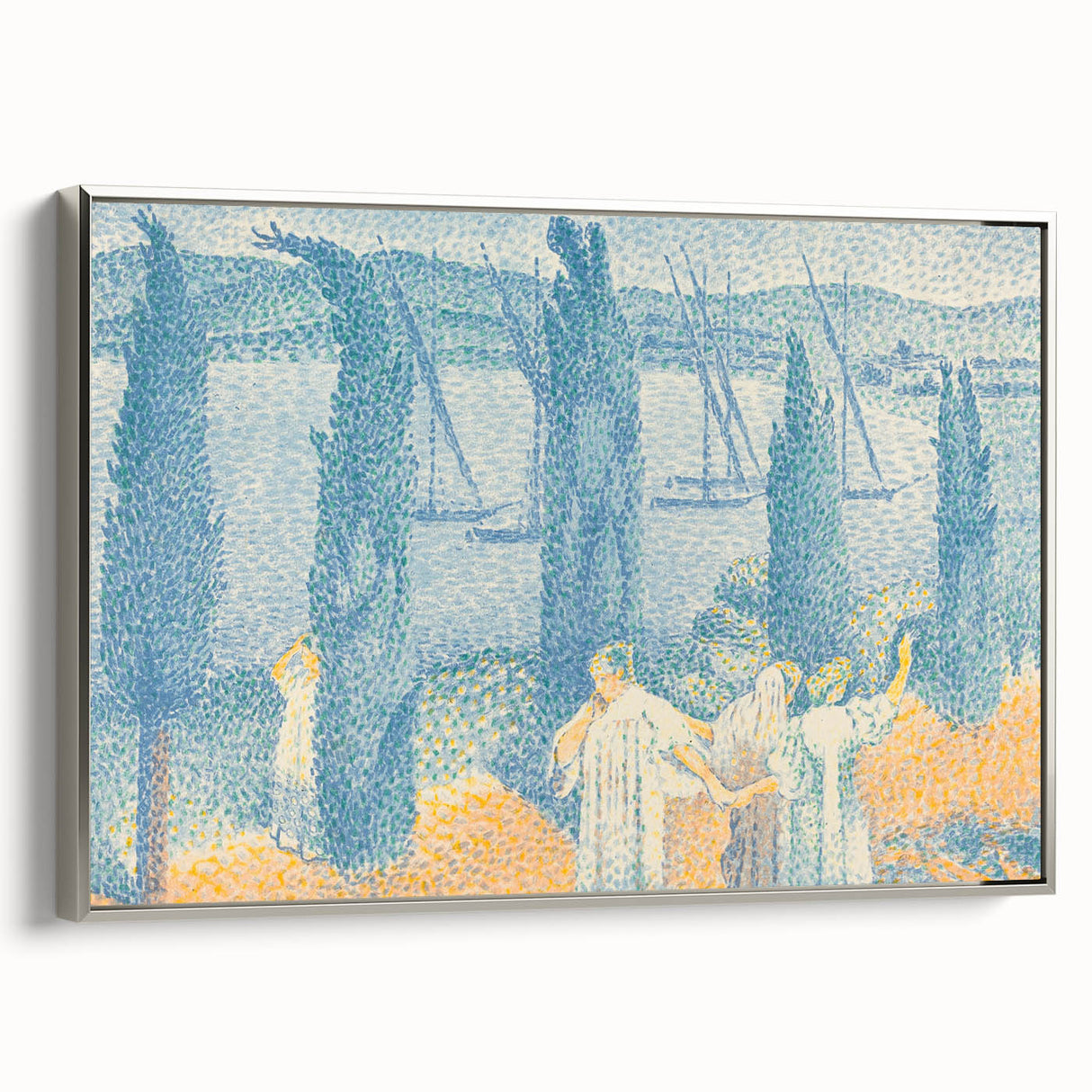 Serene Lakeside Promenade - Modern Wall Art with Pointillist Style