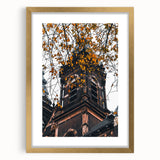 Extra large abstract art print with textured autumn hues on a gold-framed canvas, ideal for living room decor.