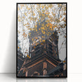 Large abstract wall art depicting autumnal colors in a mid-century modernist style, acrylic print in a black frame.