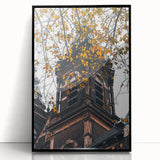 Large abstract wall art depicting autumnal colors in a mid-century modernist style, acrylic print in a black frame.