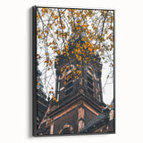 Framed canvas featuring a black and white vintage poster art of a fall landscape, ideal for bedroom wall decor.